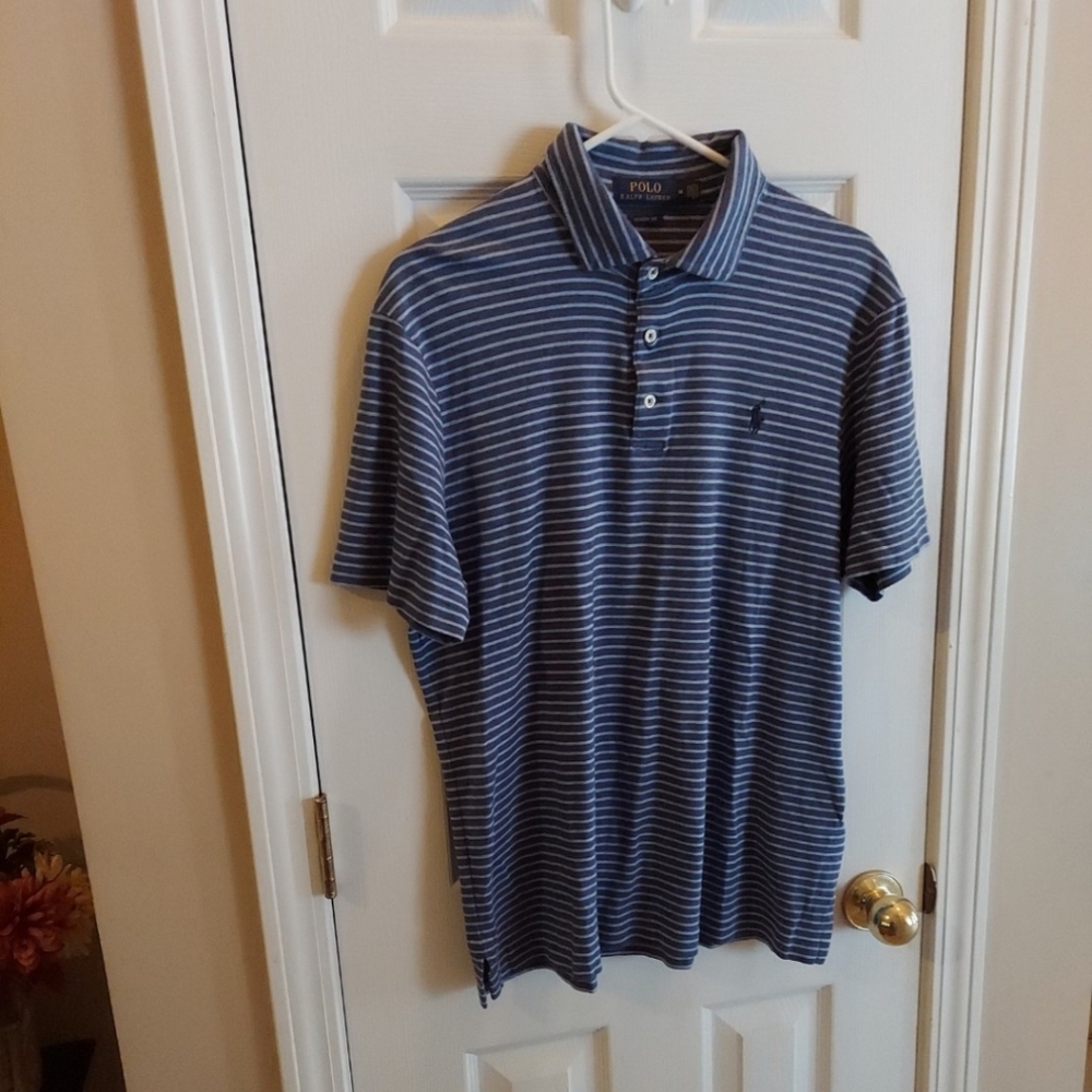 Polo Ralph Lauren Classic Fit Blue Striped Polo Shirt Blue MED LIKE NEW!
